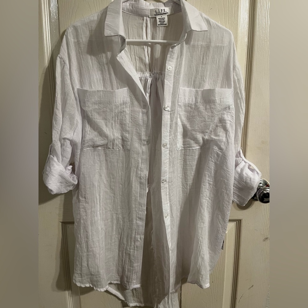 Sheer, lightweight white button up top